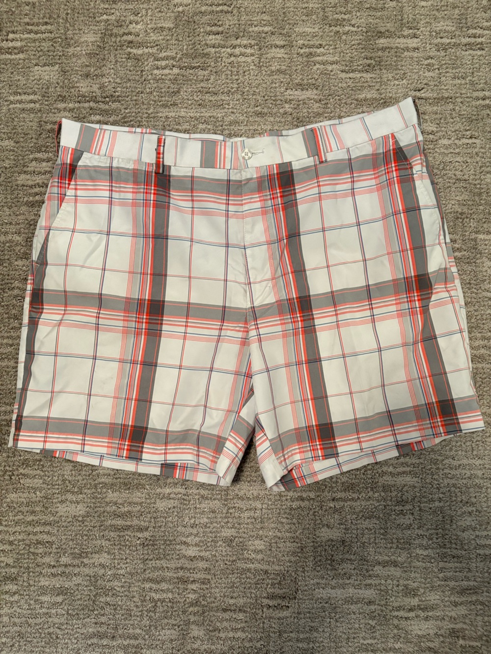 PGA Tour White Plaid Shorts with Gray and Red Stripes